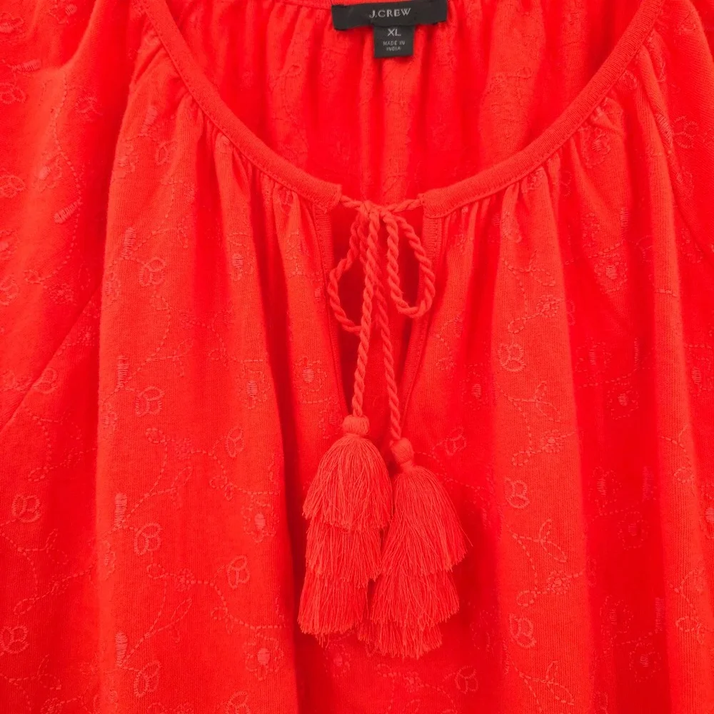 J.Crew Peasant Blouse Women‎ XL Orange Embroidered Tassel Tie Boho Cotton Top